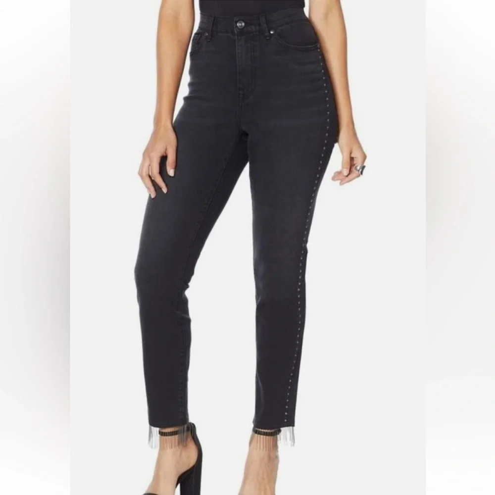DG2 Diane Gilman Embelish Side Stripe Fringe-Hem cropped Jean Black Sz 6P